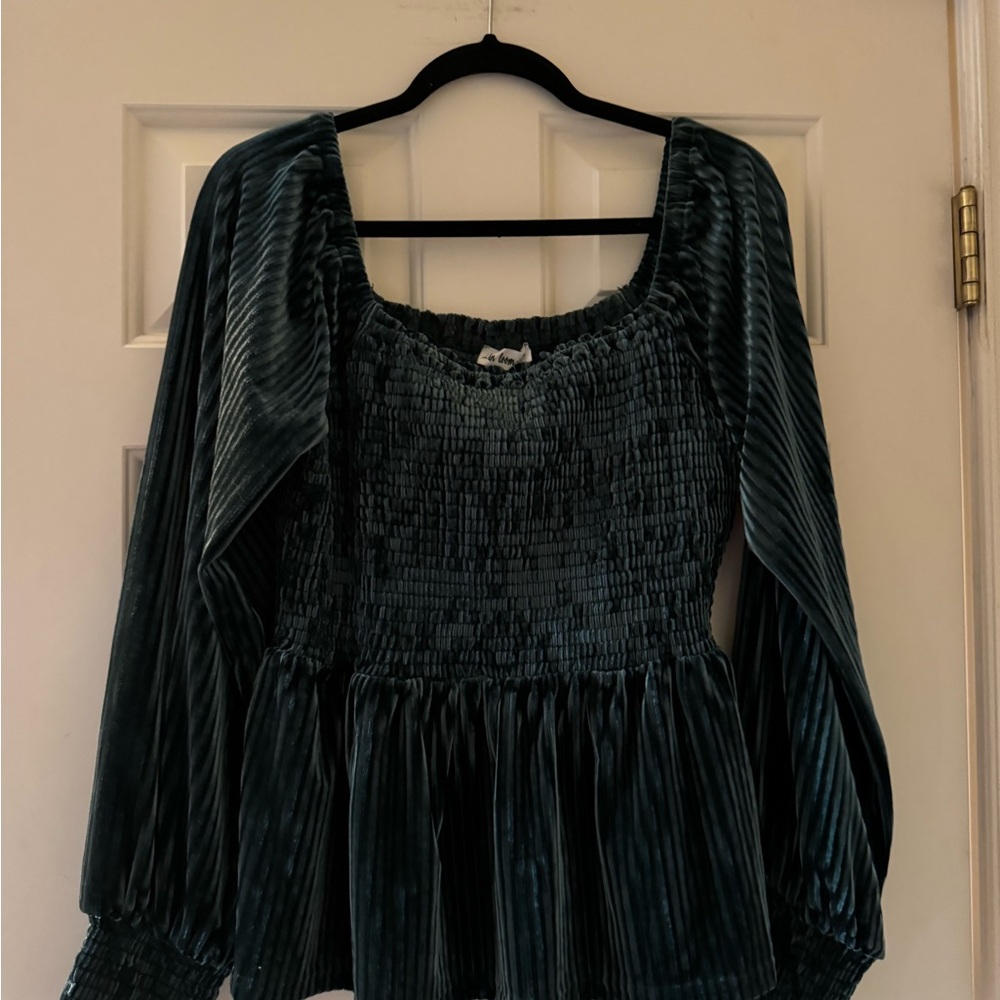 In Bloom Black Peplum Blouse with Smocked 3/4 Sleeves